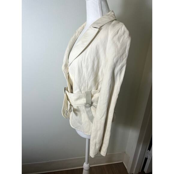 Mackage Off White Long Sleeve Cotton/Leather Belted Blazer Jacket Sz M - Picture 2 of 5